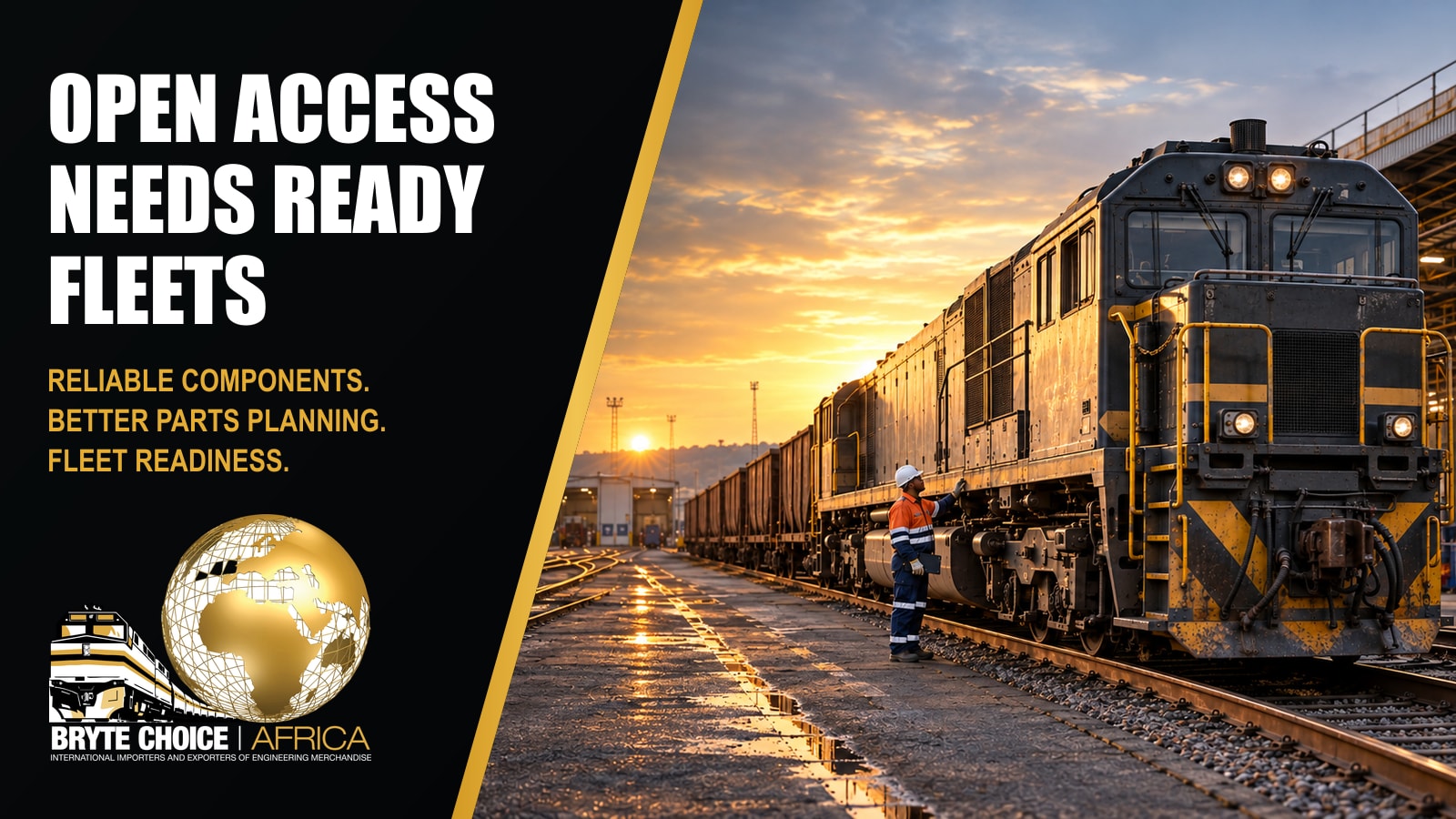 Open access needs ready fleets — BCA locomotive fleet readiness campaign, showing a diesel-electric locomotive and technician in a Southern African rail yard.